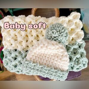 Baby Soft Cream and Mint Green /Pink Crochet Hat and Blanket Set